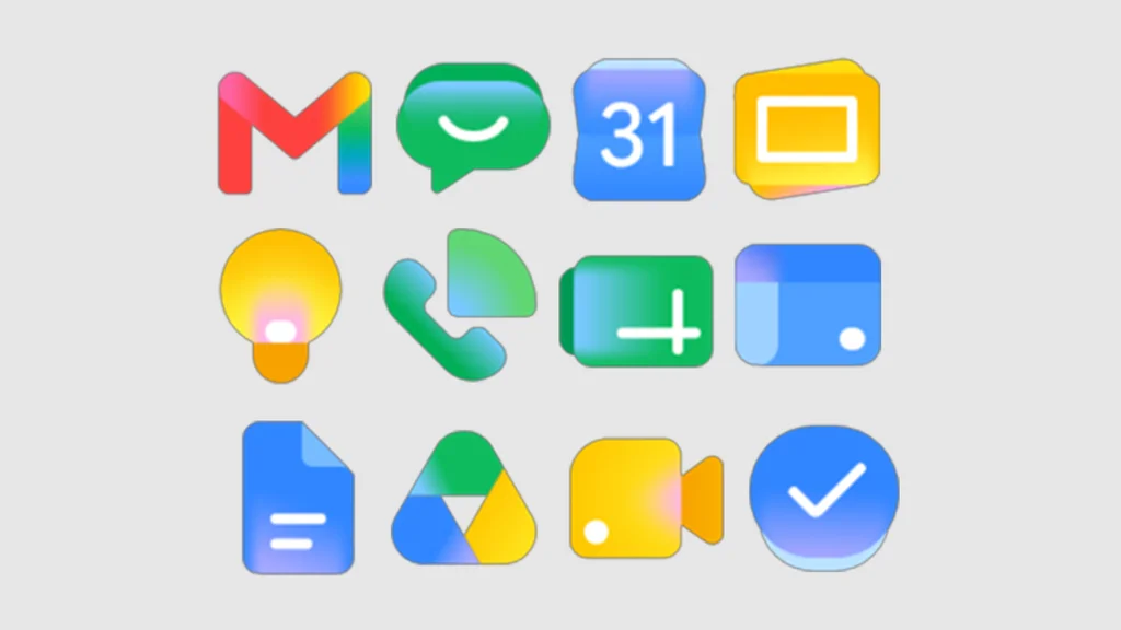 Twelve Google Workspace app icons (Gmail, Chat, Calendar, Slides, Keep, Voice, Sheets, and more) redrawn with soft multi-color AI gradients.