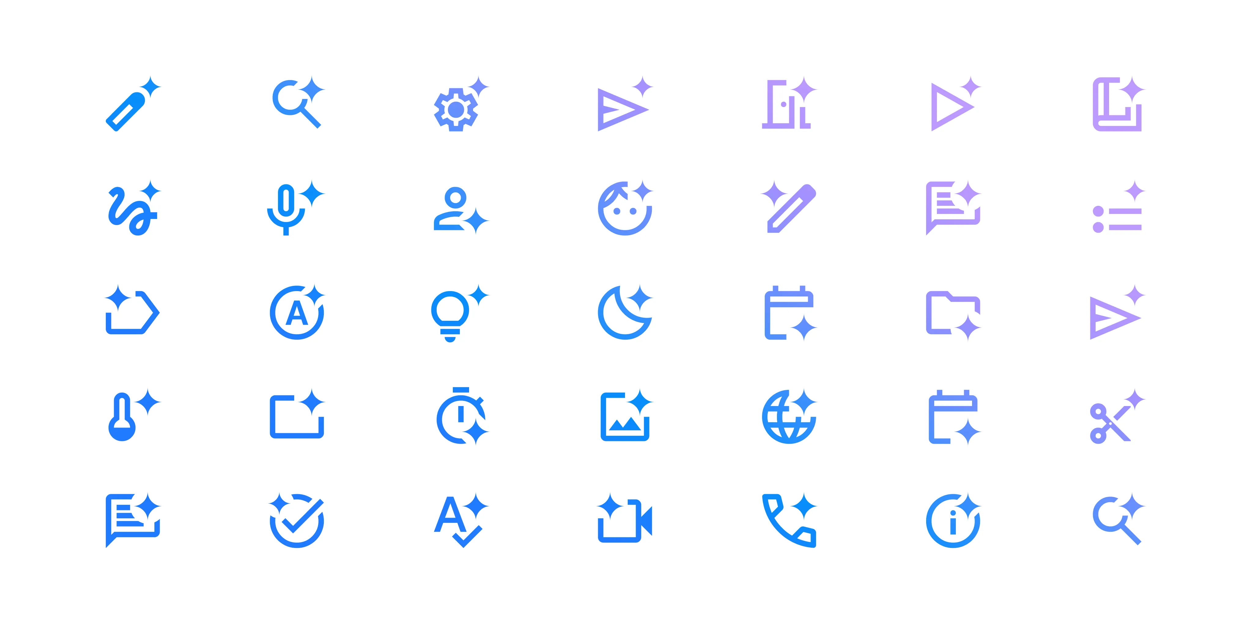 A grid of about thirty-five Google interface icons, each in a blue-to-purple gradient and each carrying a small four-pointed sparkle.