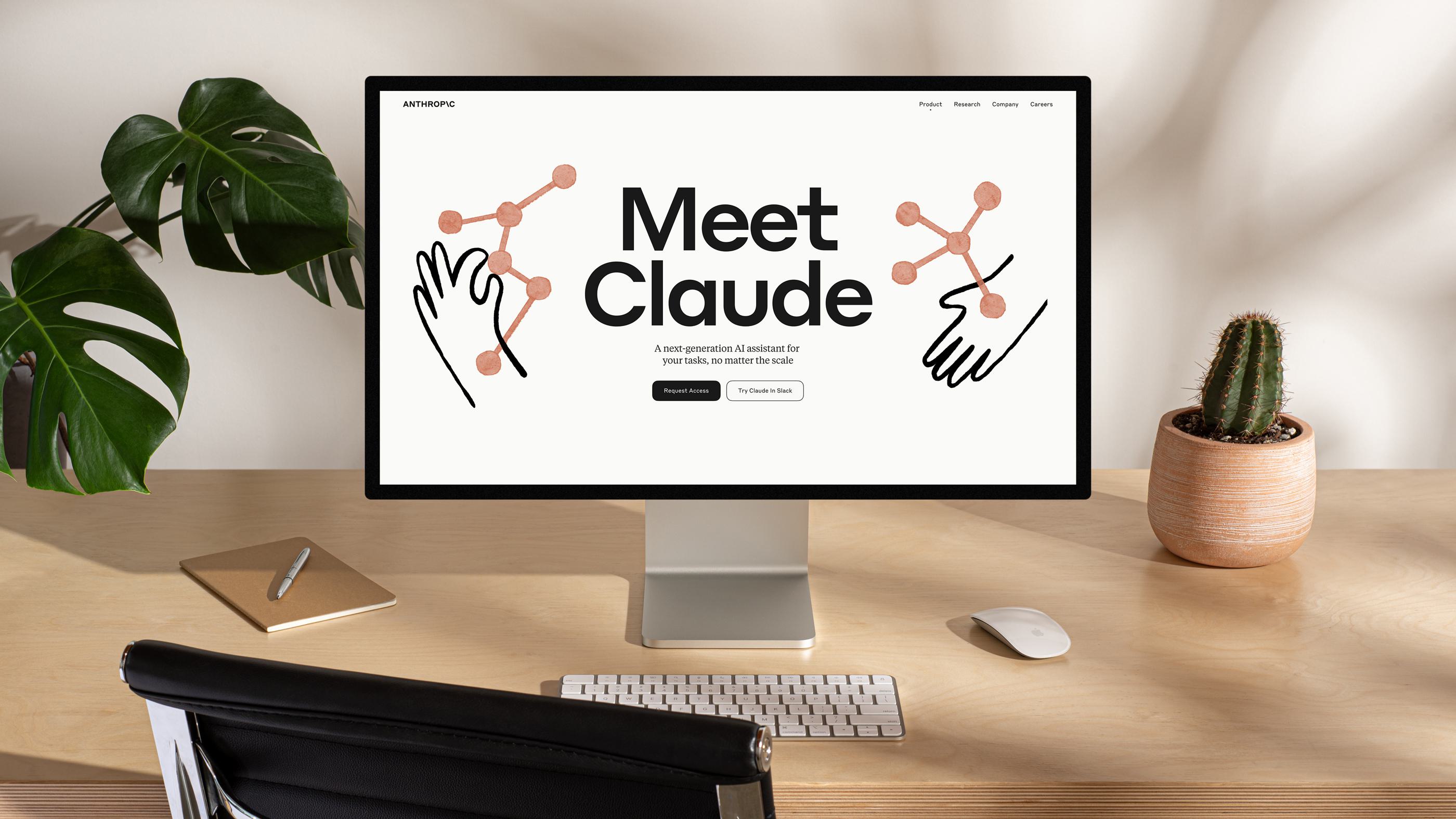 Geist's 'Meet Claude' launch page shown on a desktop monitor: warm beige layout, coral constellation diagrams, hand-drawn line illustrations, the ANTHROP-slash-C wordmark top left.