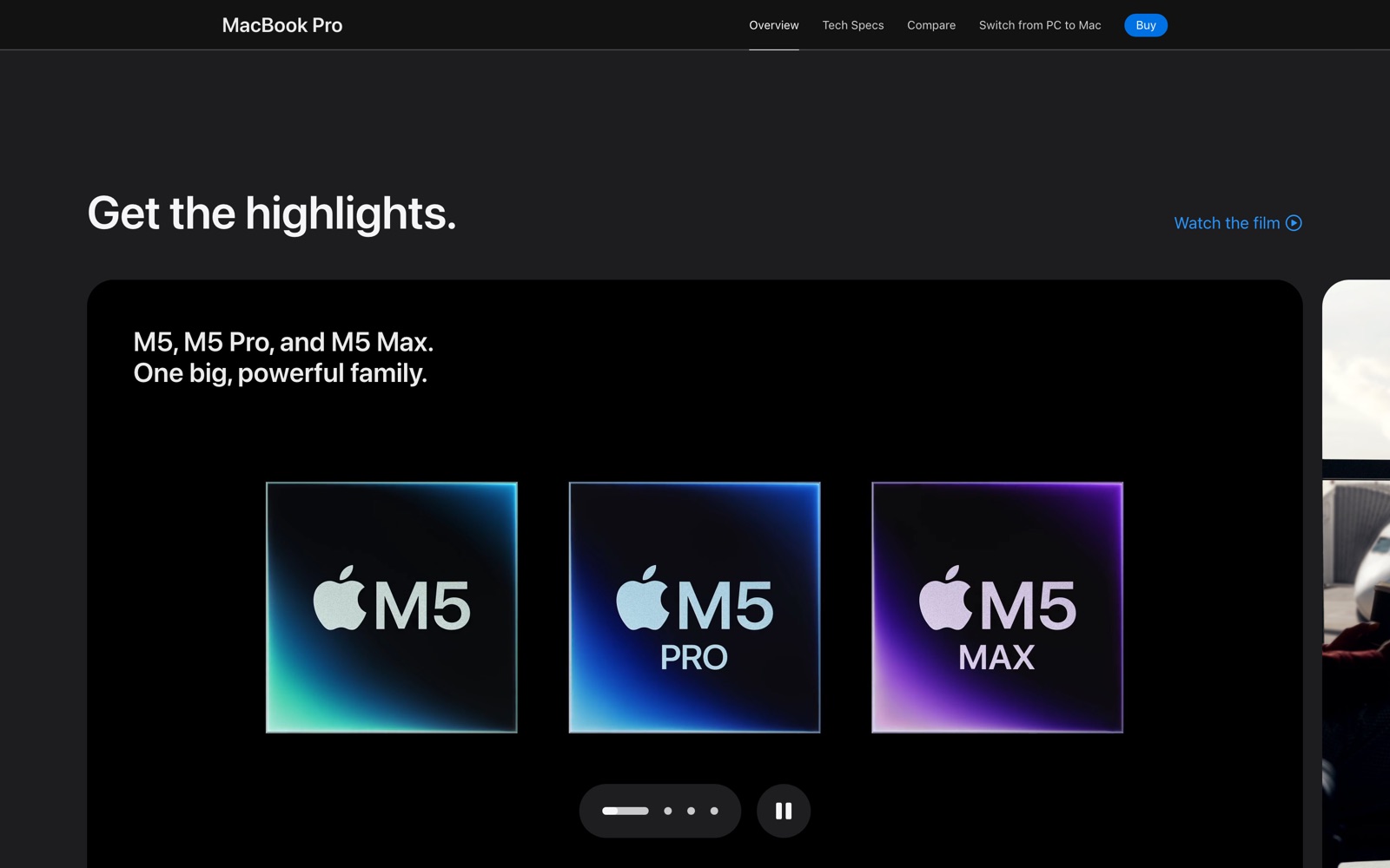An Apple MacBook Pro page section headed 'Get the highlights,' showing three dark cards with gradient-colored M5, M5 Pro, and M5 Max chip graphics.