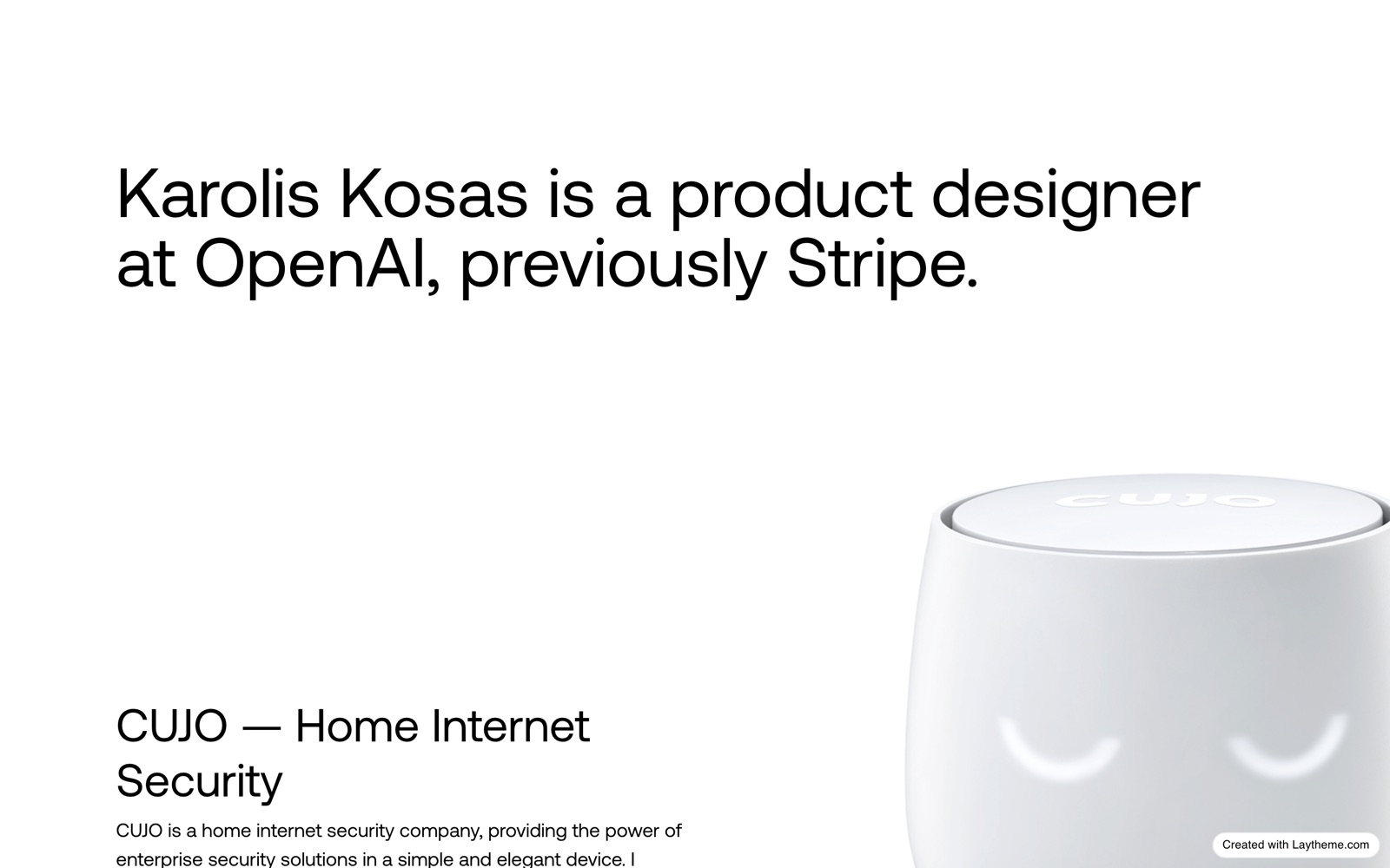 Karolis Kosas's portfolio: white page, the single large line 'Karolis Kosas is a product designer at OpenAI, previously Stripe,' with a project entry beginning lower down.