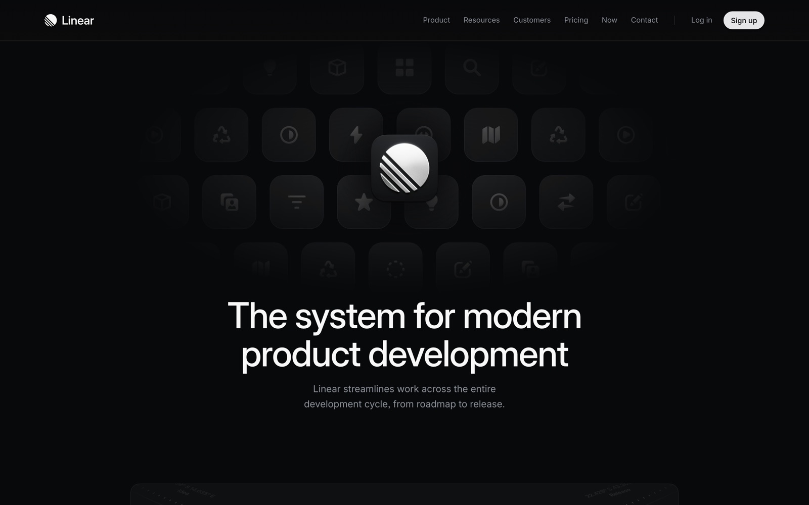 Linear's homepage: near-black background, a grid of dark app icons fading upward, and the white headline 'The system for modern product development.'