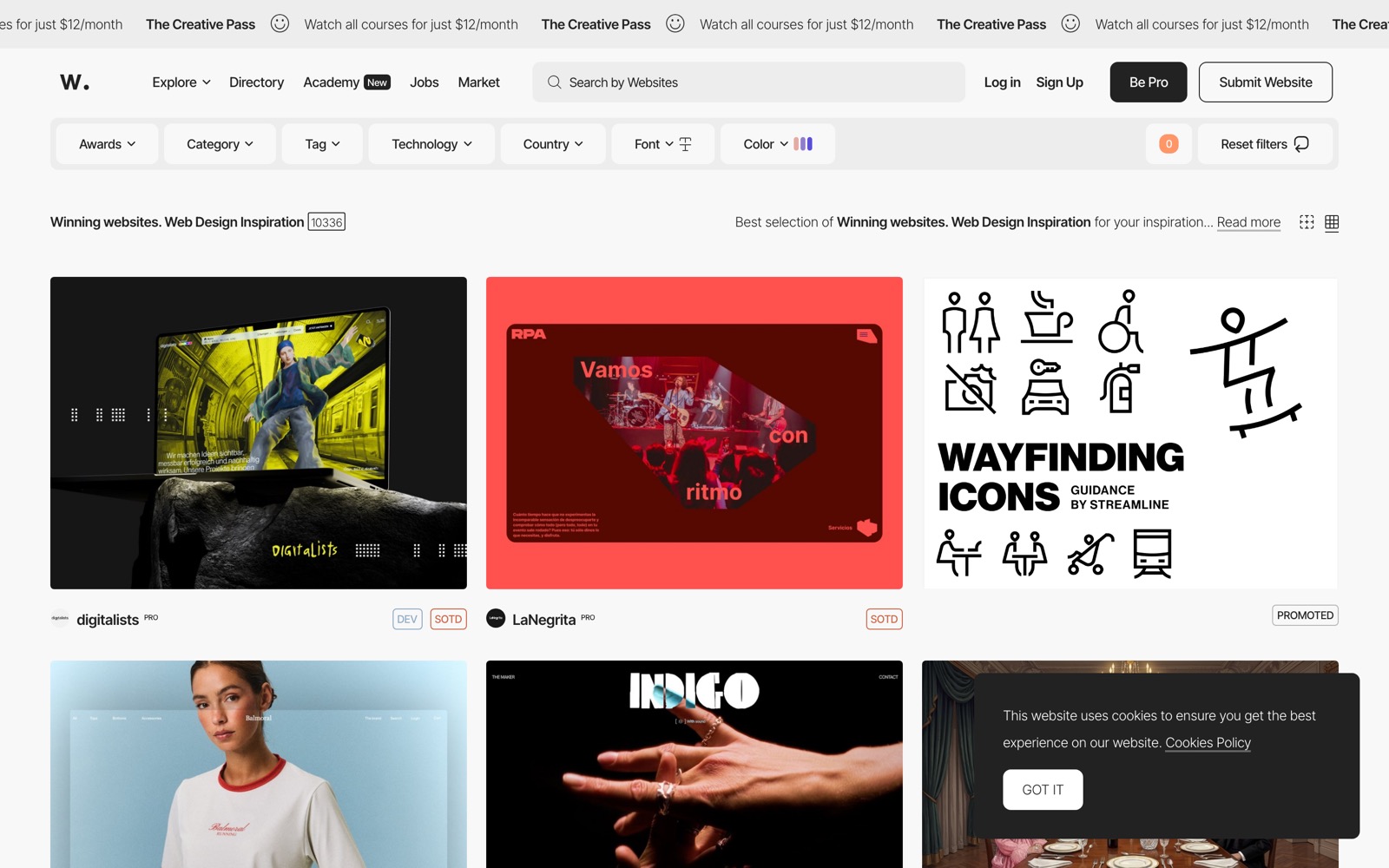 The Awwwards winning-websites gallery: a grid of dark, high-production website thumbnails with bold imagery and heavy art direction, topped by a promotional banner.
