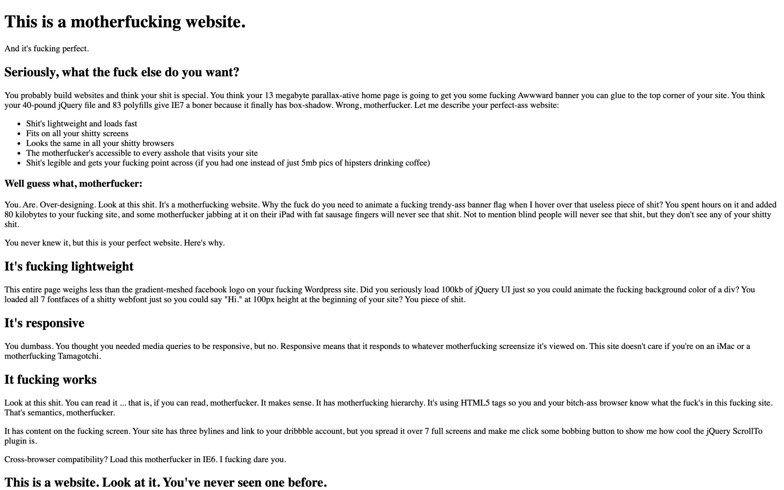 Motherfuckingwebsite.com: unstyled black text on a white page with default HTML headings and paragraphs, arguing that a plain website is already lightweight, responsive, and accessible.