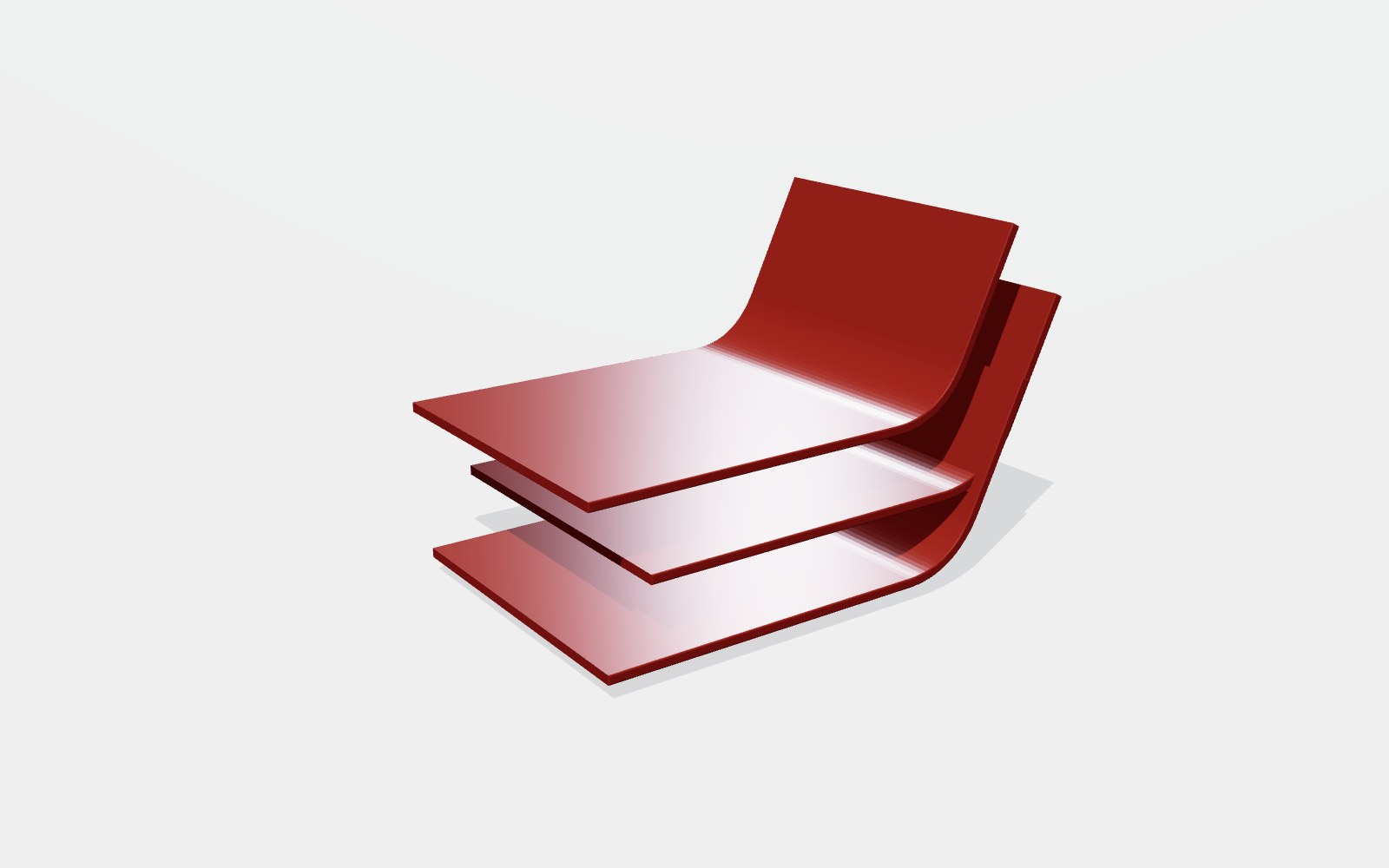 Three folded oxblood aluminium planes, with an offset middle sheet and a long studio shadow.