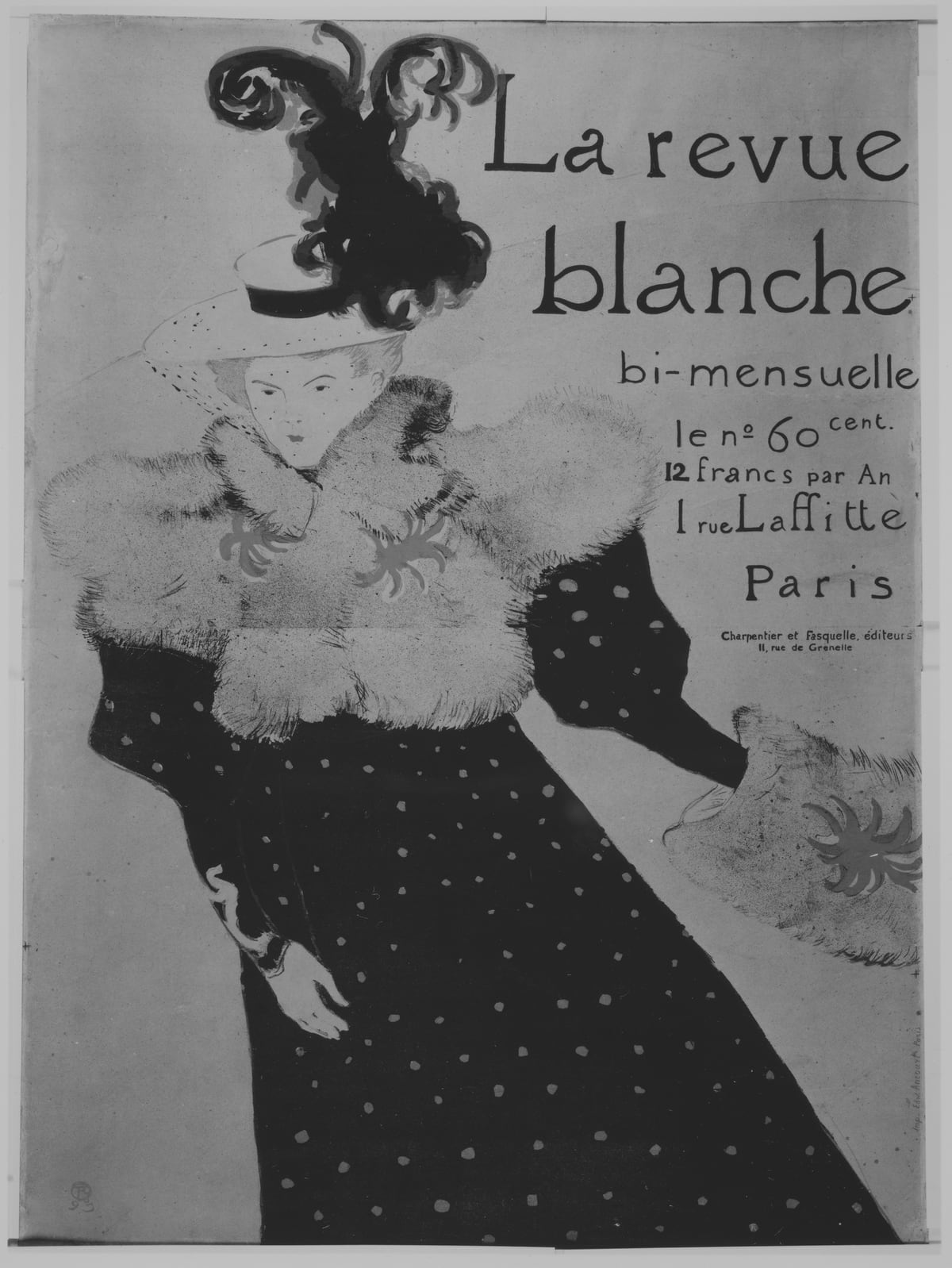 A monochrome poster with expressive lettering and a woman in a large feathered hat.