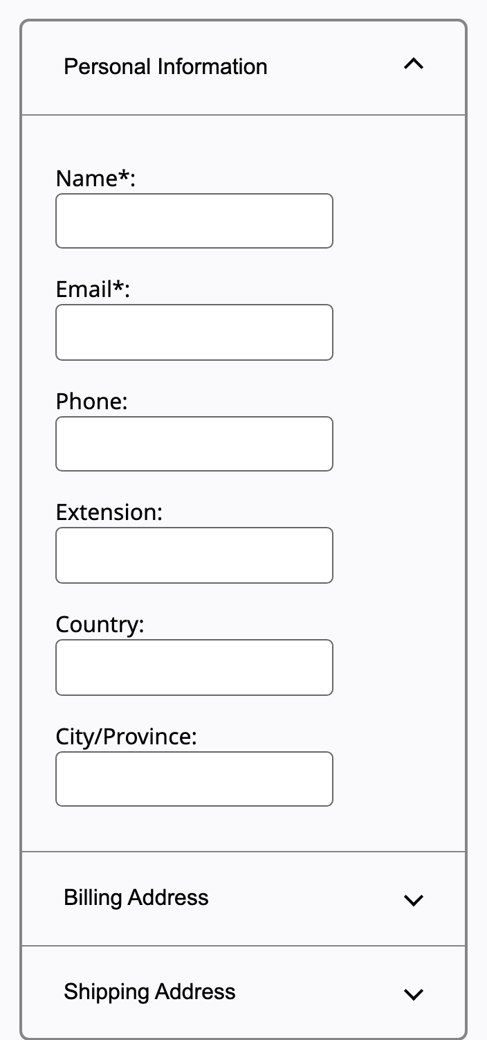 The W3C APG live accordion: a Personal Information section expanded to show a form, its chevron pointing up, with collapsed Billing Address and Shipping Address headers below.