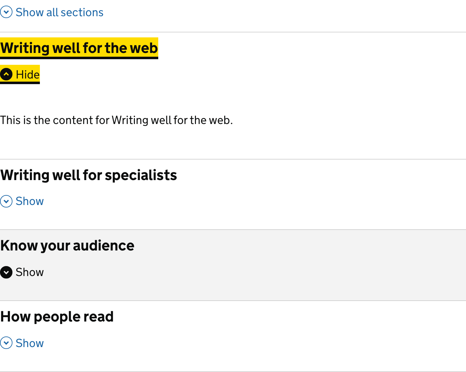 The GOV.UK accordion with a Show all sections control: a Writing well for the web section expanded with a Hide toggle and its content, and collapsed sections below each with a Show toggle.
