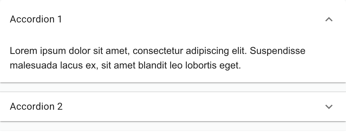 A Material UI accordion: the Accordion 1 panel expanded with its chevron up and body text shown, and a collapsed Accordion 2 header with a downward chevron below.