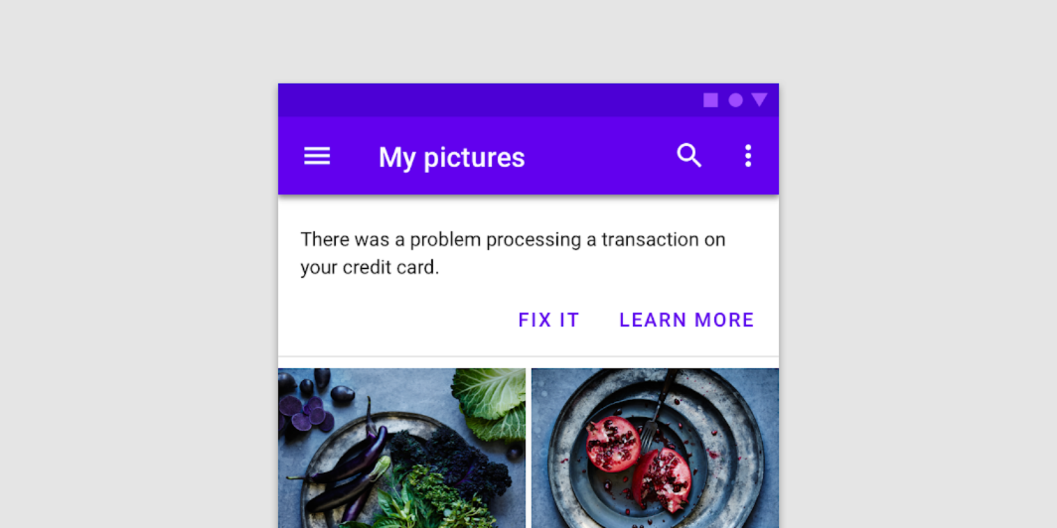 A Material Design banner pinned below an app bar, with a leading icon, a line of message text, and two text buttons aligned to the right.