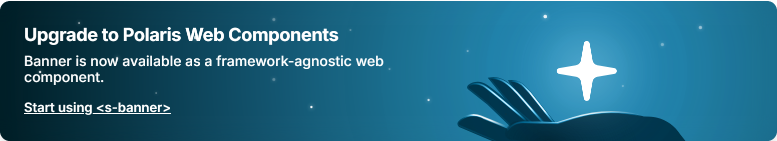 Shopify Polaris banner variants stacked: a green success banner, a blue informational banner, a yellow warning banner, and a red critical banner, each with an icon, heading, and message.