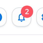A Material UI bell icon button with a small red circular badge reading 2 anchored to its top-right corner.