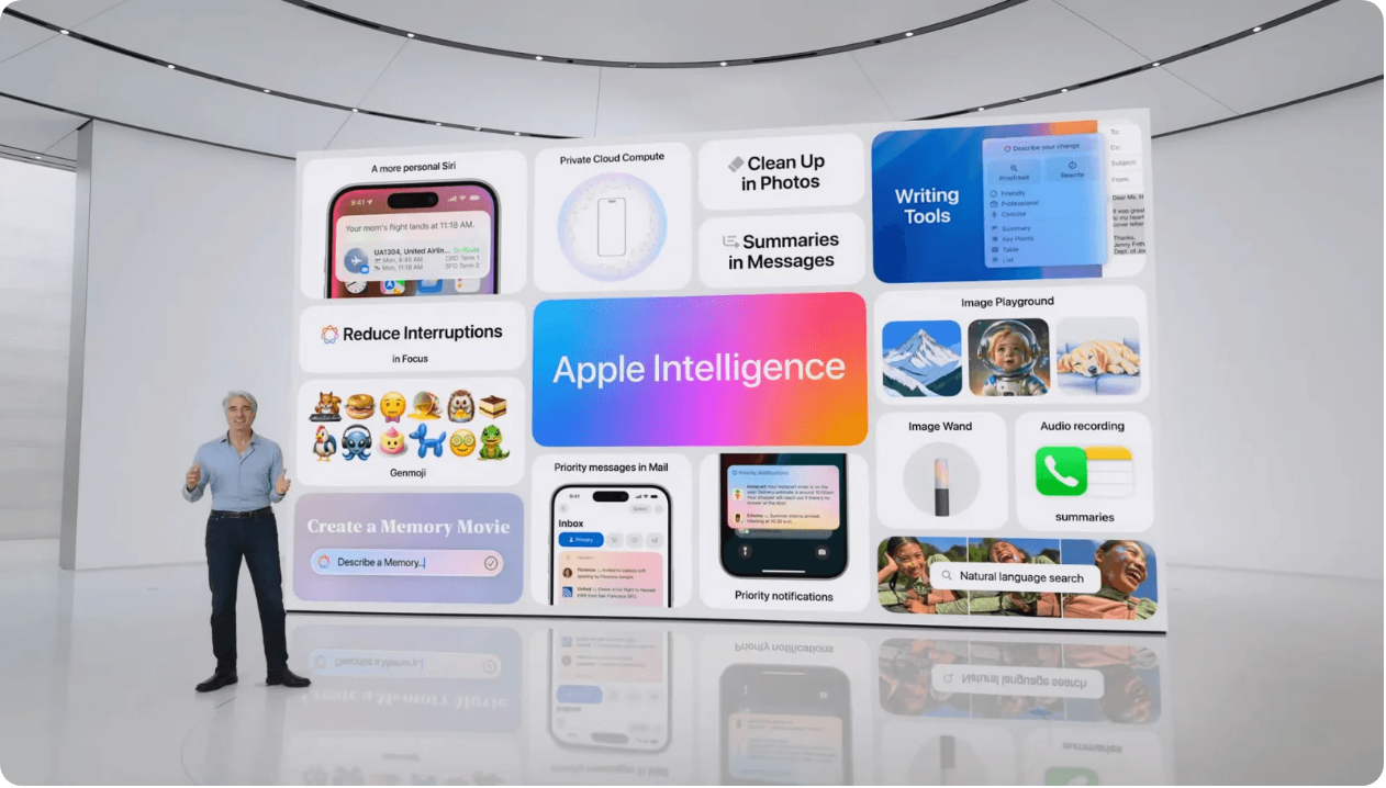 An Apple keynote stage showing a wall of differently sized rounded feature tiles on a neutral grid, with an Apple Intelligence label across the center and app screenshots in the surrounding cells.