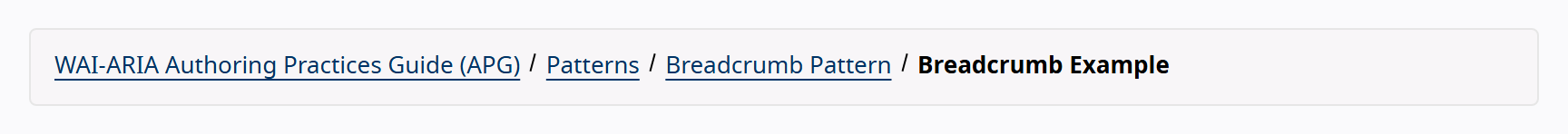 A breadcrumb trail reading WAI-ARIA Authoring Practices slash Design Patterns slash Breadcrumb, with the last item styled as the current page.