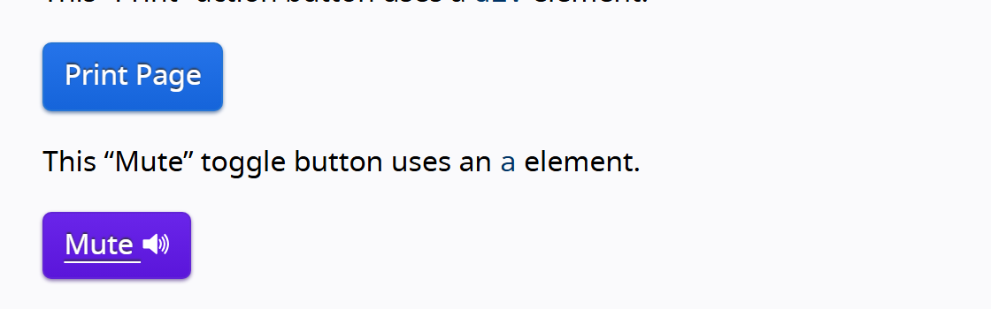 The W3C APG button examples page showing a Print Page action button and a toggle button labeled Mute that switches its aria-pressed state.