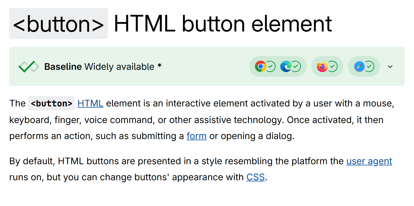 The MDN HTML button element reference page, showing the element description and its type and disabled attributes.