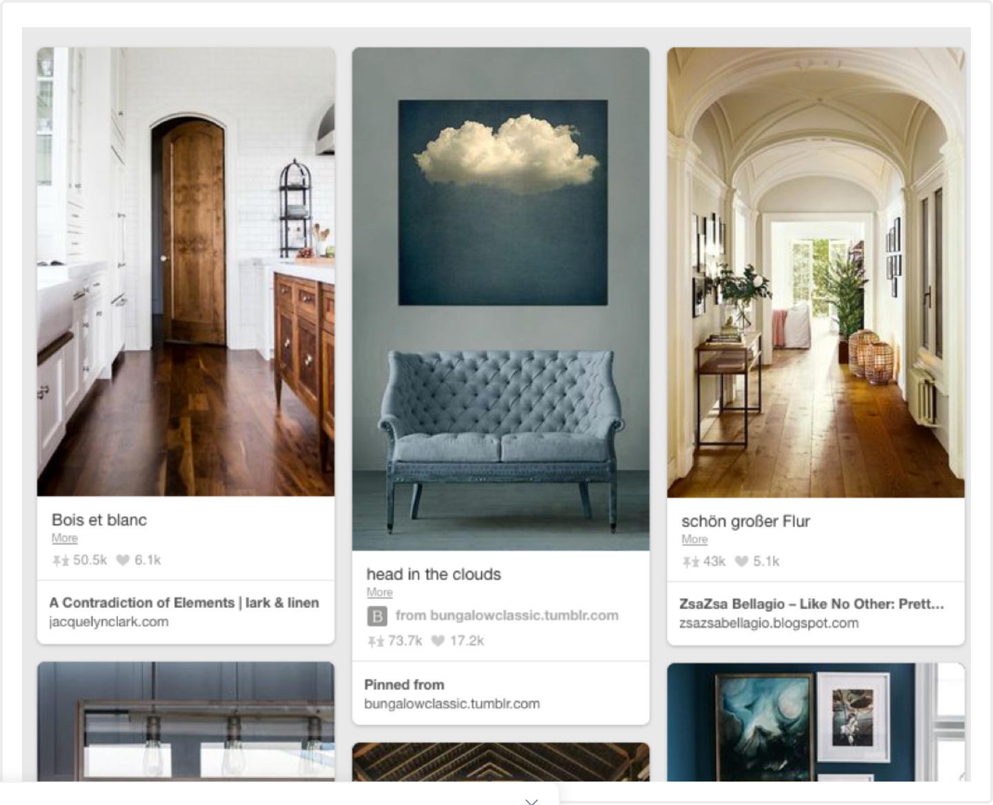 A Pinterest masonry feed of content cards at varying heights, each a thumbnail image with a title and source line, the layout NN/g cites as popularizing the card pattern.