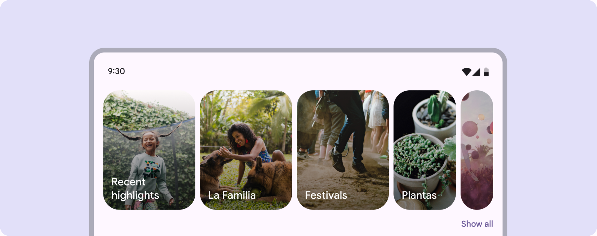 A Material 3 multi-browse carousel inside a phone frame: a row of photo cards of varying widths with a Show all link, showing several items at once and a peek of the next.