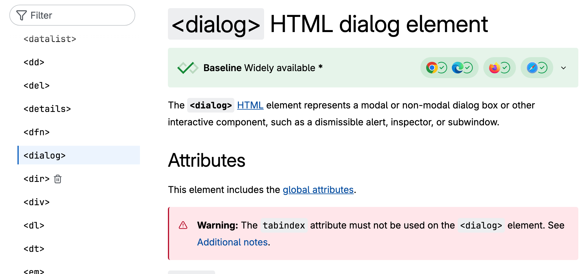 MDN documentation for the HTML dialog element, describing modal and non-modal dialogs.