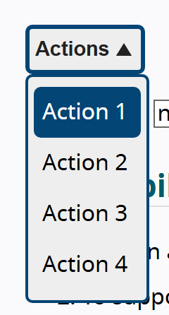 The W3C APG actions menu button, opened: an Actions trigger above a menu listing Action 1 through Action 4, with the first item highlighted.