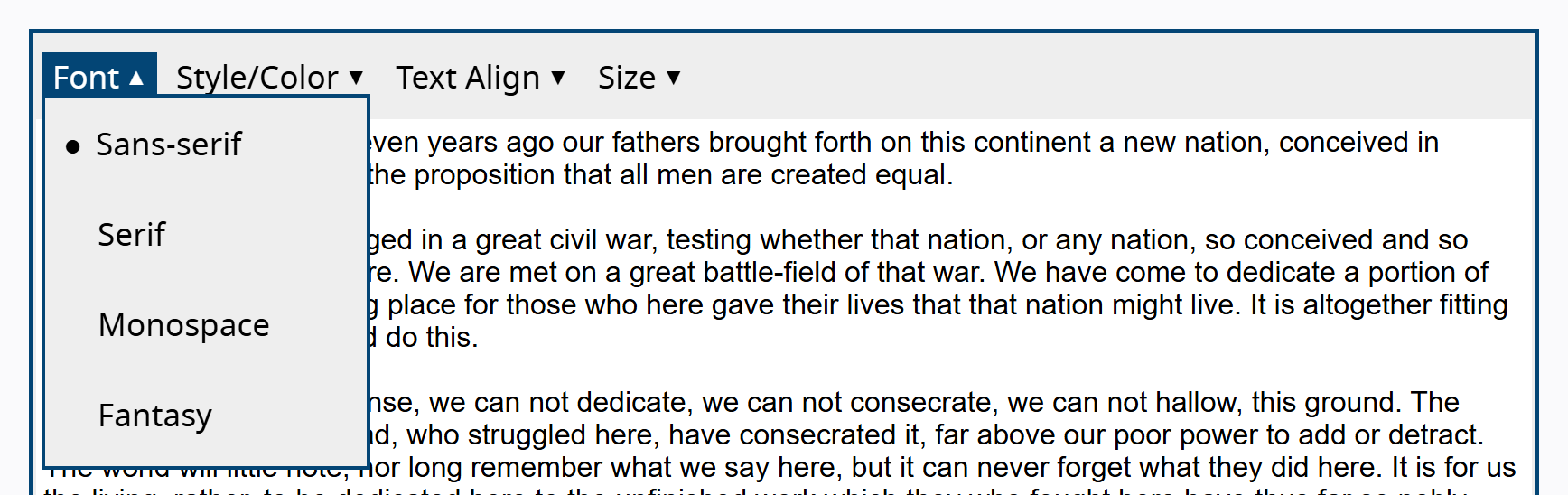 The W3C APG editor menubar with the Font menu open: a horizontal bar of Font, Style/Color, Text Align, and Size above a dropdown of Sans-serif (selected), Serif, Monospace, and Fantasy, over a block of editor text.