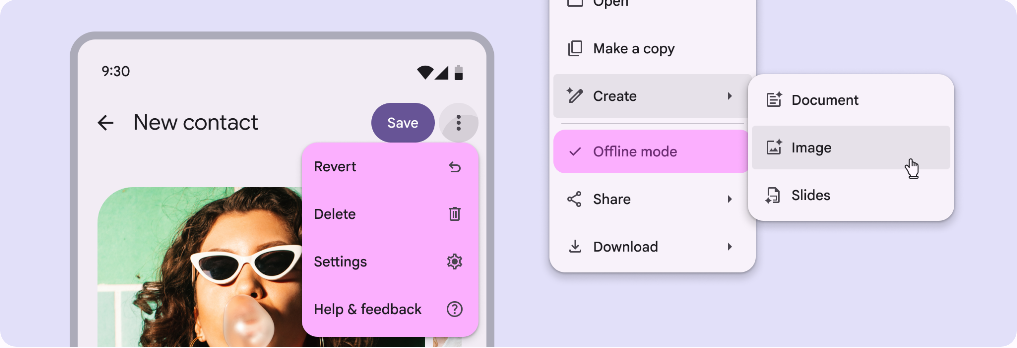 Material 3 menus: a dropdown of Revert, Delete, Settings, and Help and feedback on a phone screen, beside a cascading menu where Create expands to Document, Image, and Slides with Offline mode checked.