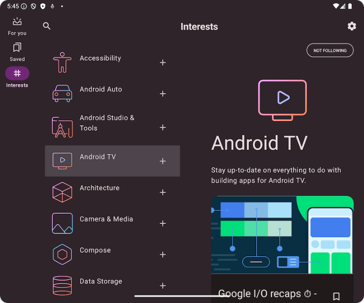 A topic list with Android TV selected and its details in a second pane.