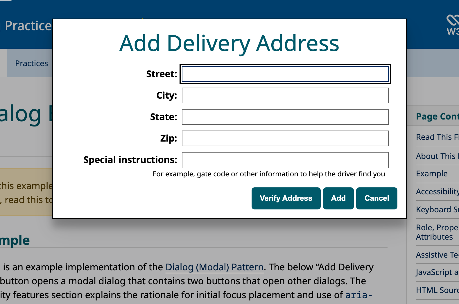 The APG Add Delivery Address dialog open over a dimmed page: a centered white surface with a titled address form and Verify Address, Add, and Cancel buttons.