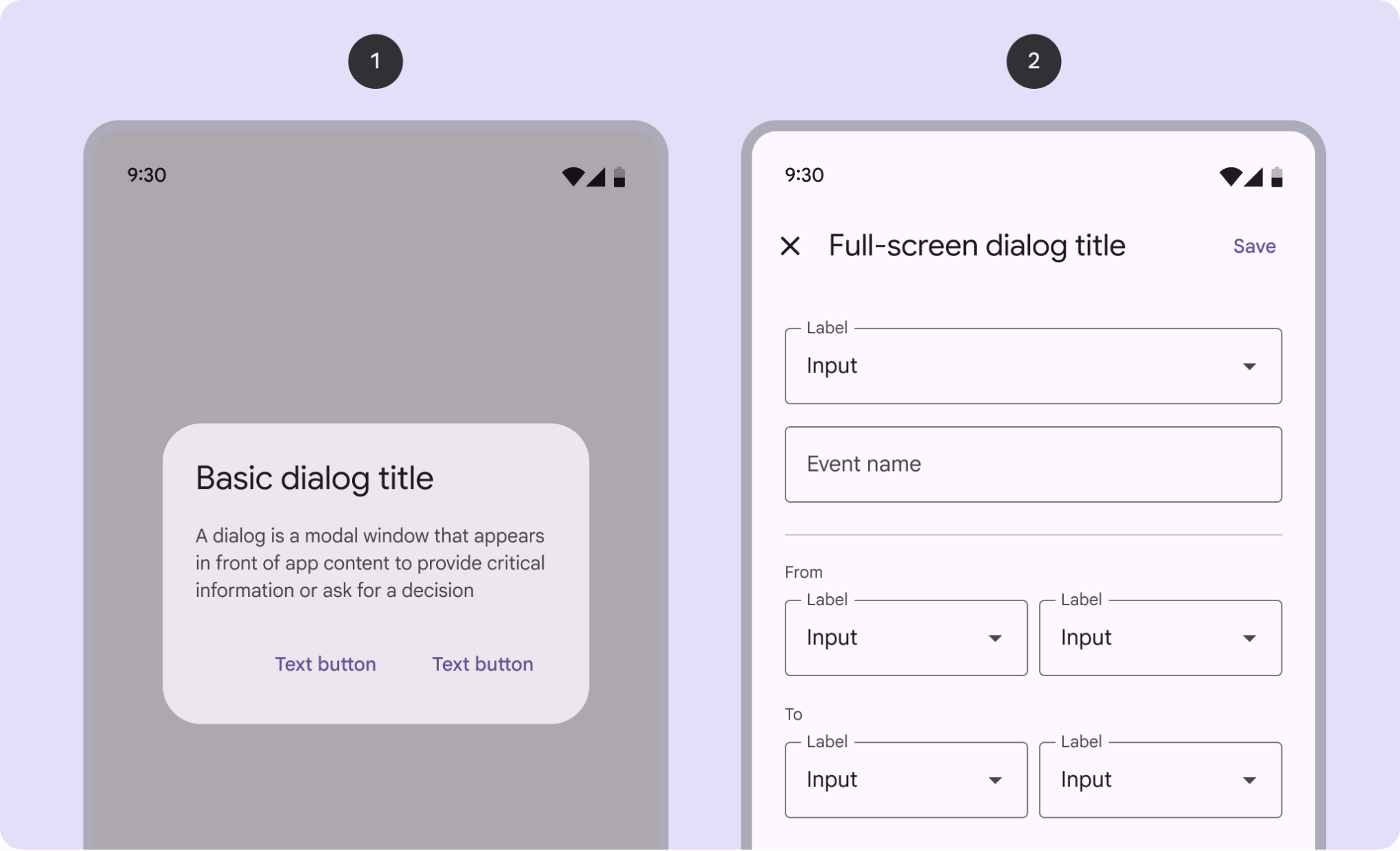 Material Design 3 dialog illustration: a basic dialog with a headline, supporting text, and two text buttons over a dimmed scrim, beside a full-screen dialog with a close icon, title, Save action, and a form.