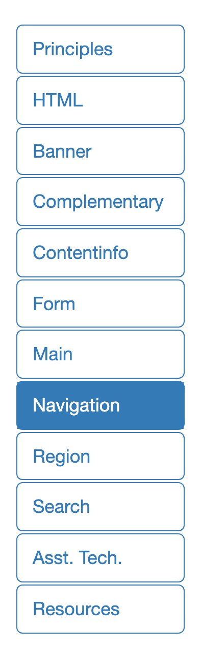 W3C APG navigation landmark example showing a vertical list of section links inside a labeled navigation region.