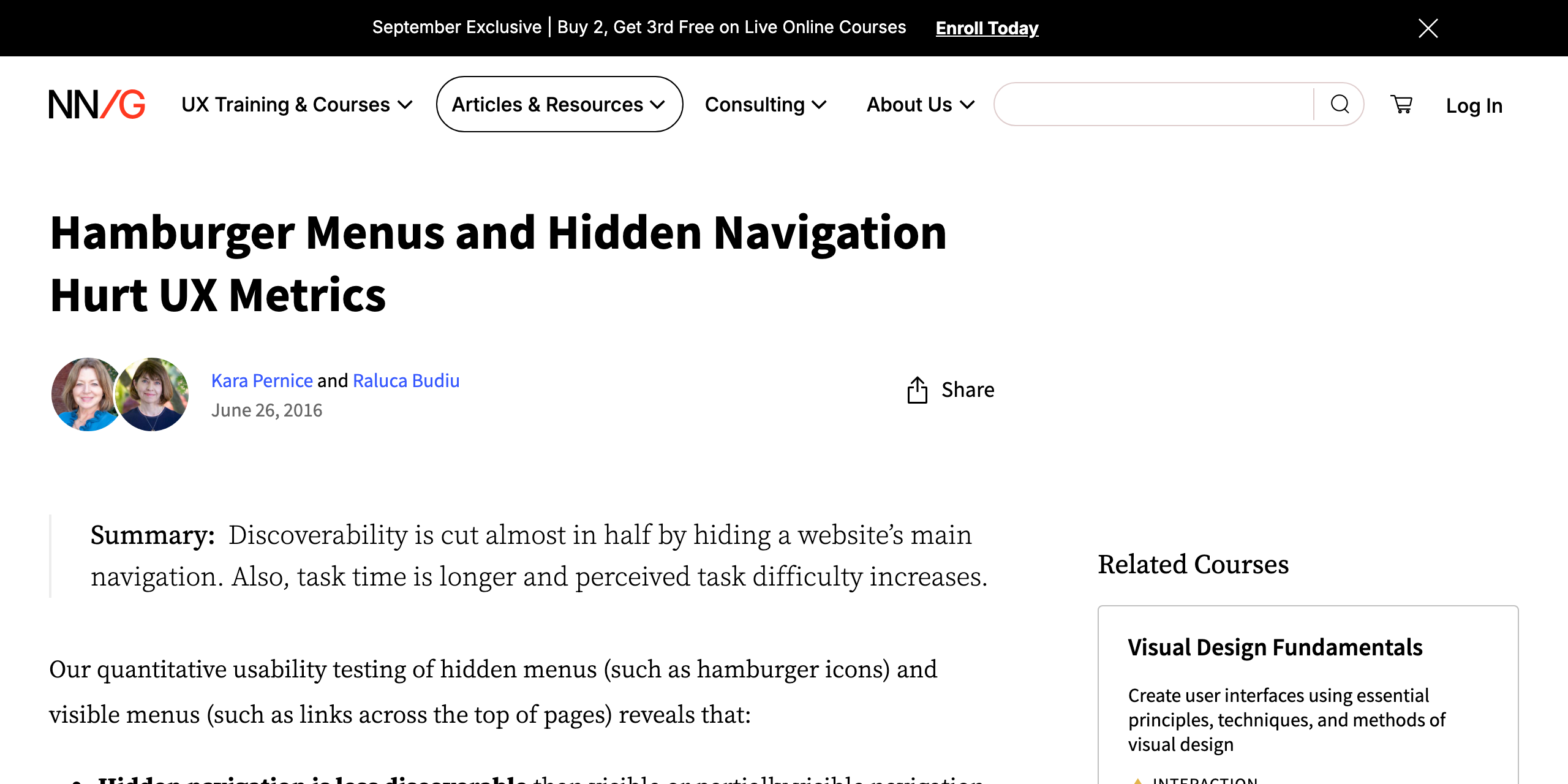 Nielsen Norman Group article on how hamburger menus and hidden navigation hurt UX metrics.