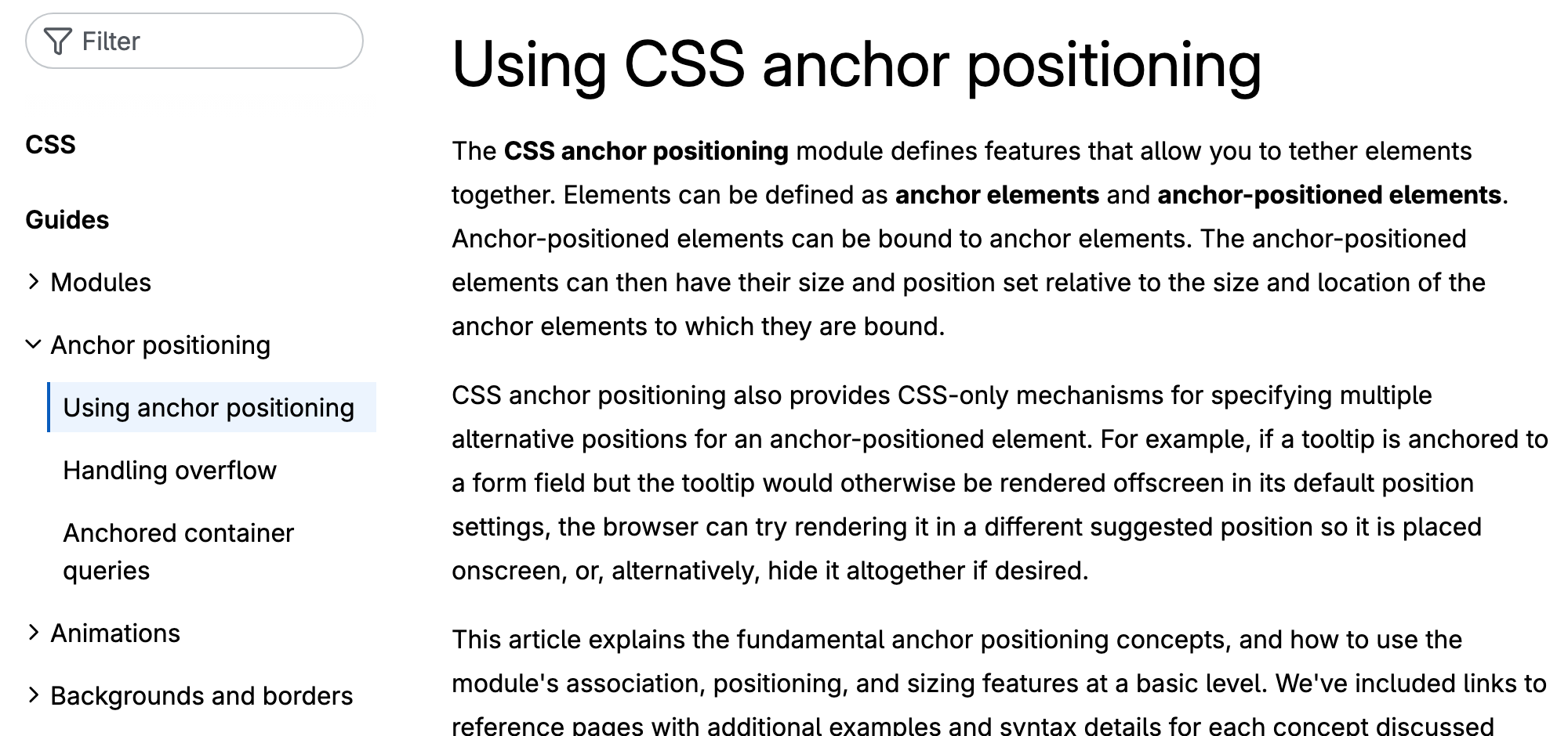 MDN guide on using CSS anchor positioning, showing an element positioned relative to an anchor.