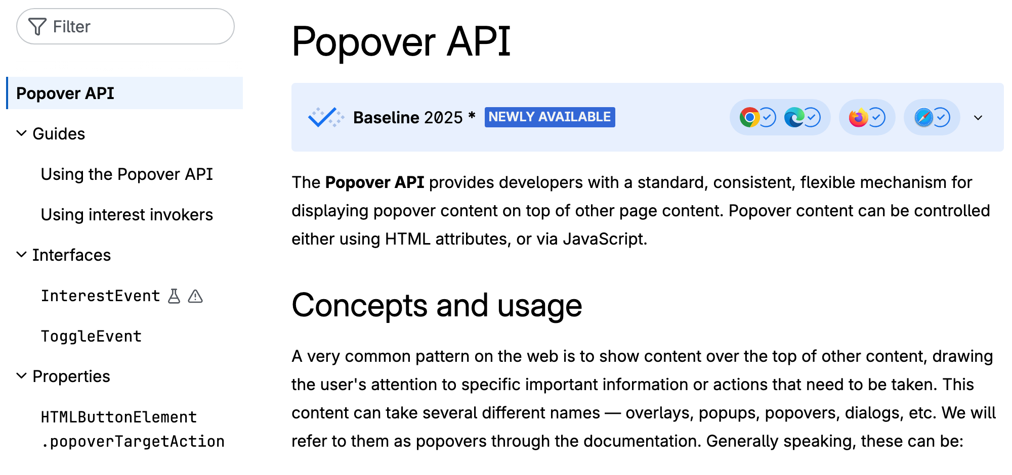 MDN Popover API documentation page describing non-modal popovers shown in the top layer.