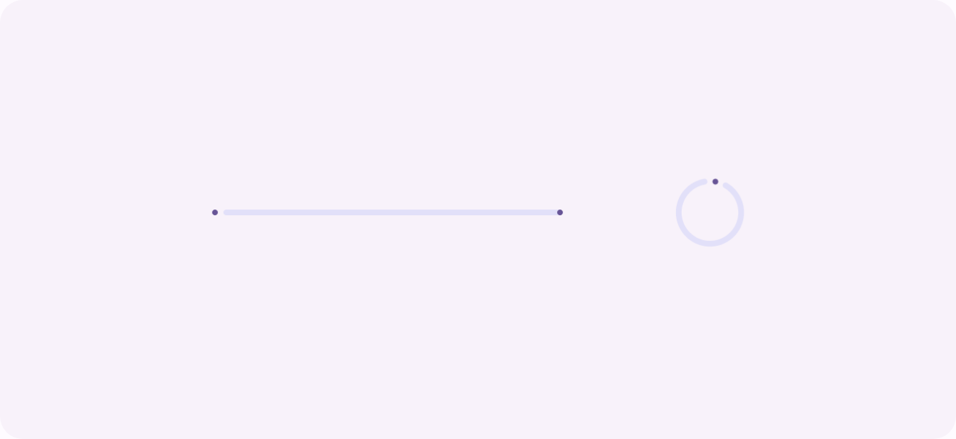 Material Design illustration: a horizontal linear progress track with small round stop indicators at each end, beside a circular ring indicator with a partial arc.