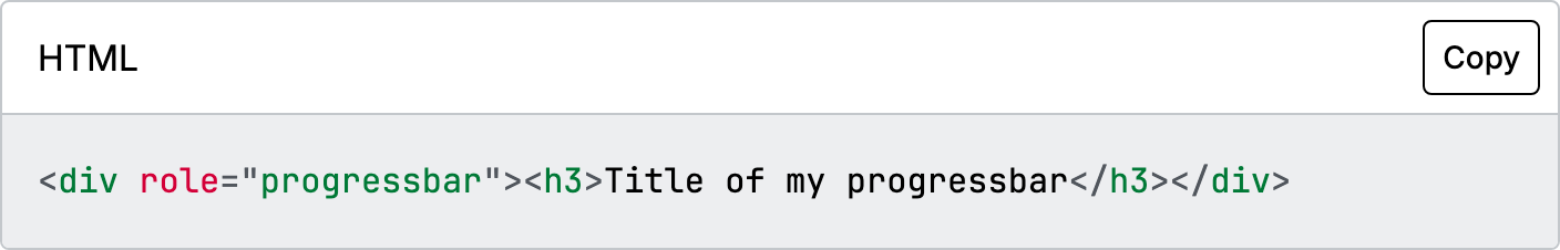 HTML code sample from MDN: a div with role set to progressbar containing an h3 reading Title of my progressbar.