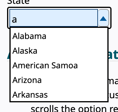 W3C APG combobox example showing a text input with an open listbox of suggested options below it.
