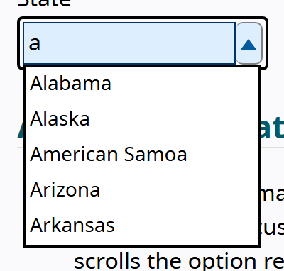 The W3C APG editable combobox: a text input labelled State with a dropdown listbox of matching state names below it, the first match highlighted.