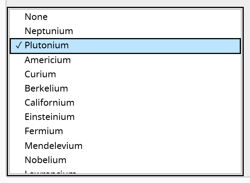 The W3C APG scrollable listbox example: a bordered list of transuranium elements with one option highlighted as selected, beside Up and Down move buttons.
