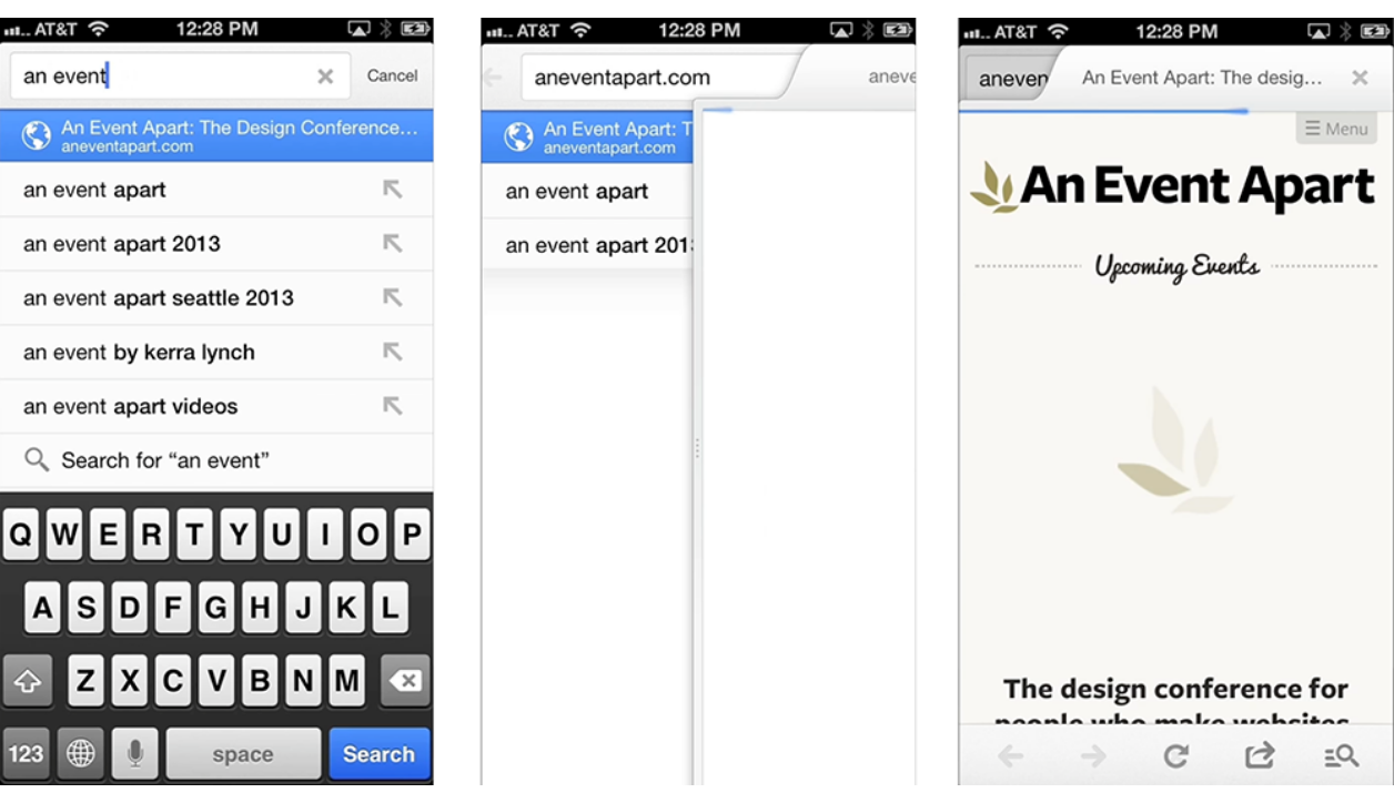 Three phone screens from the original article: a search, then a near-blank skeleton frame, then the loaded An Event Apart page, showing content filling in gradually.