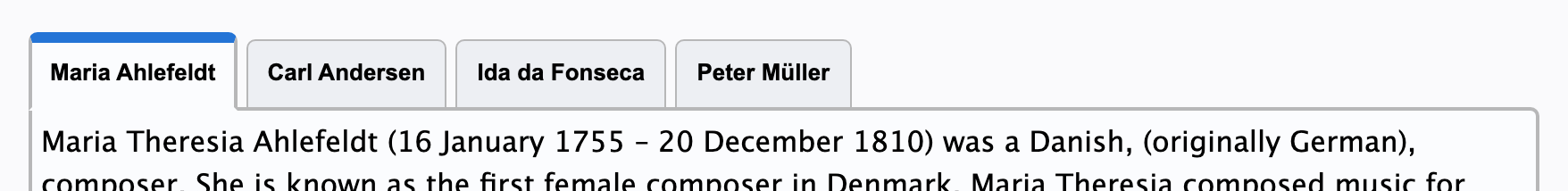 The APG automatic-activation demo: a horizontal tablist of four composer names with the first tab selected, marked by a heavy blue underline indicator, and its panel of biography text showing below.