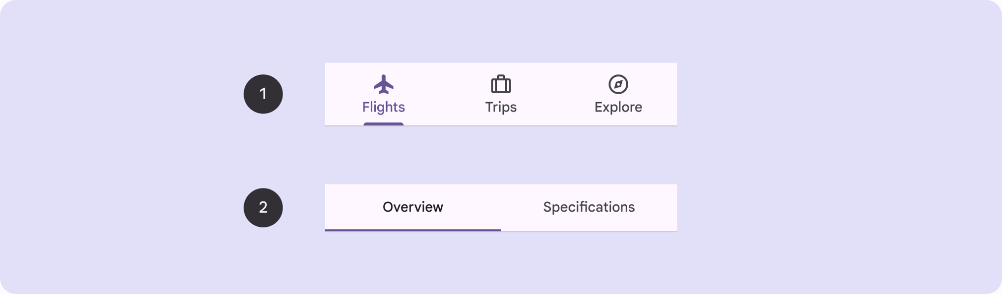 Material Design 3 illustration: a primary tab set with icons (Flights, Trips, Explore) above a secondary tab set (Overview, Specifications), each showing the active indicator under the selected tab.