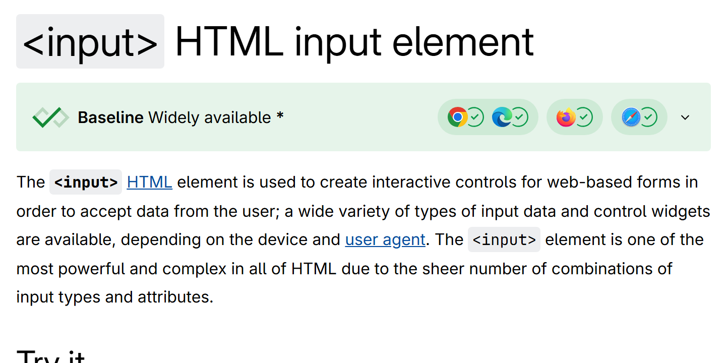 MDN Web Docs page for the HTML input element, showing the title and an interactive example of several labeled input controls.