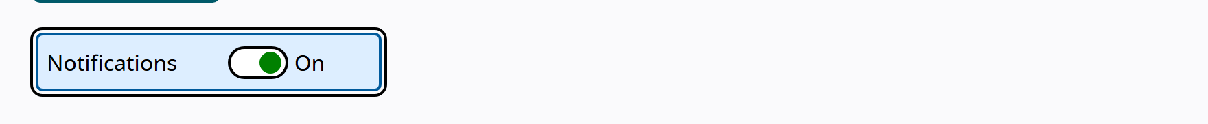 A rendered Notifications switch from the W3C APG example shown in the on position with the thumb slid to the right.