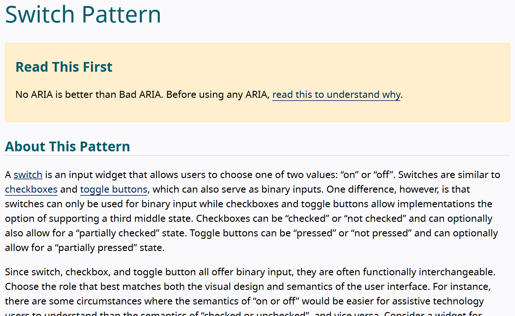 W3C APG Switch pattern page describing role switch, the required aria-checked attribute, and Space-key keyboard support.