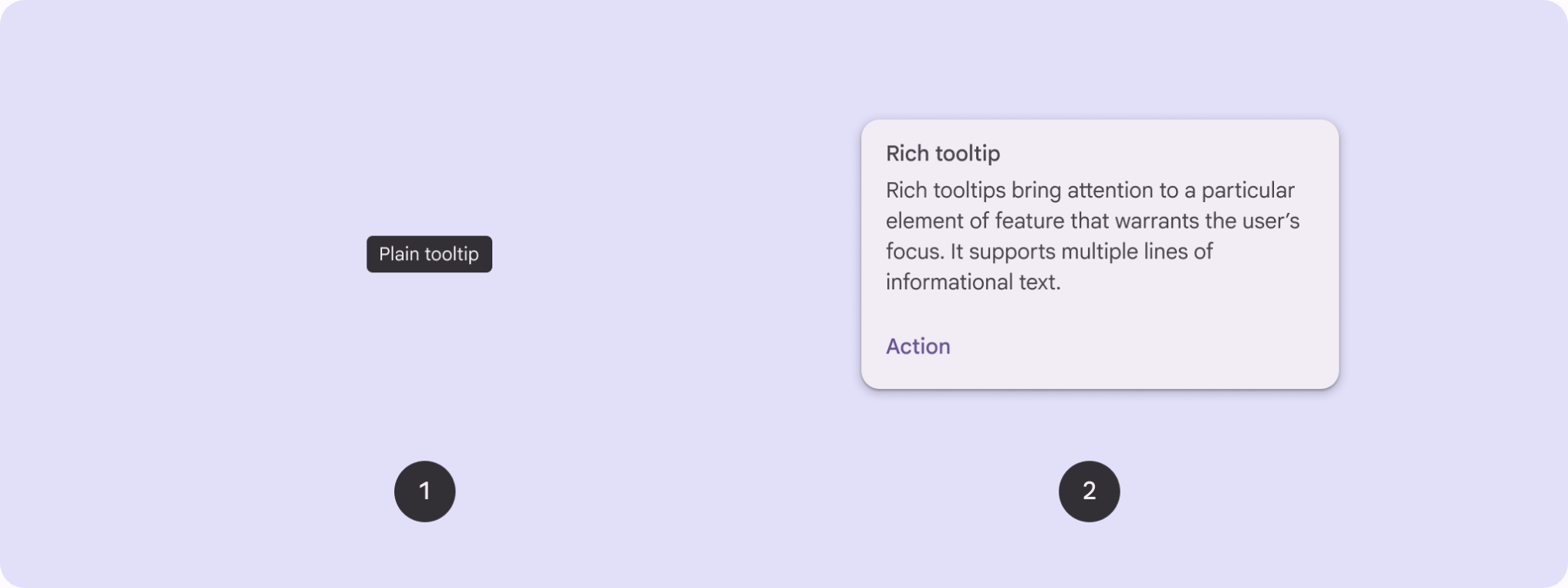 Material Design illustration: a small dark Plain tooltip bubble beside a larger Rich tooltip card with a title, body text, and an Action link.