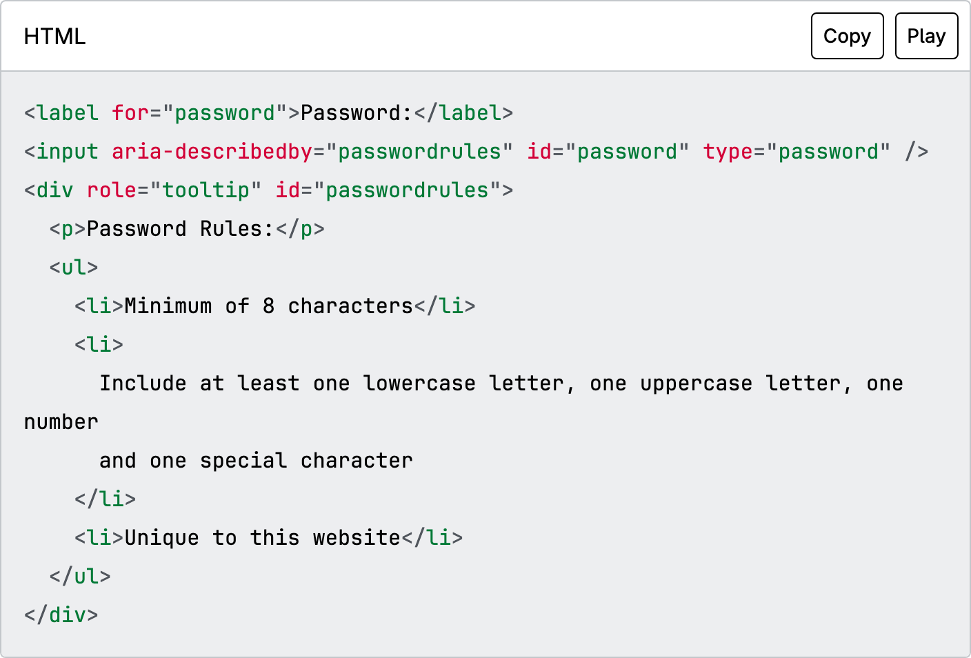 HTML code: a password input with aria-describedby set to passwordrules, and a div with role tooltip and id passwordrules containing a list of rules.