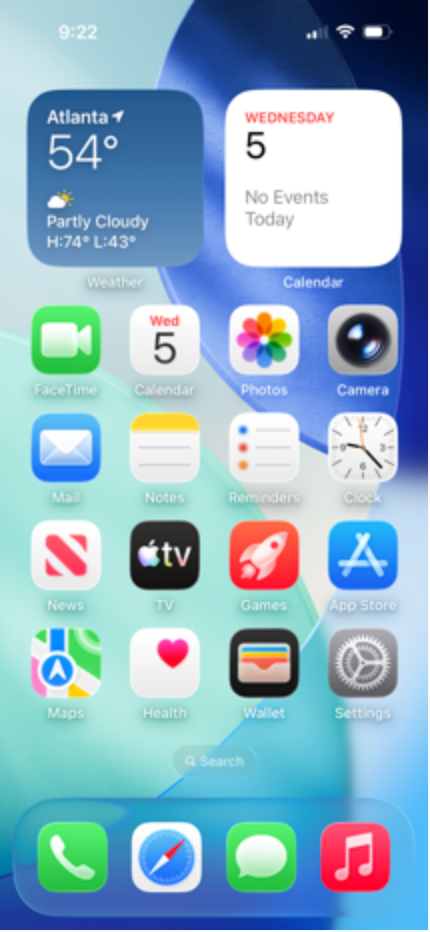 An iOS 26 home screen with translucent Liquid Glass app icons, dock, and clock.