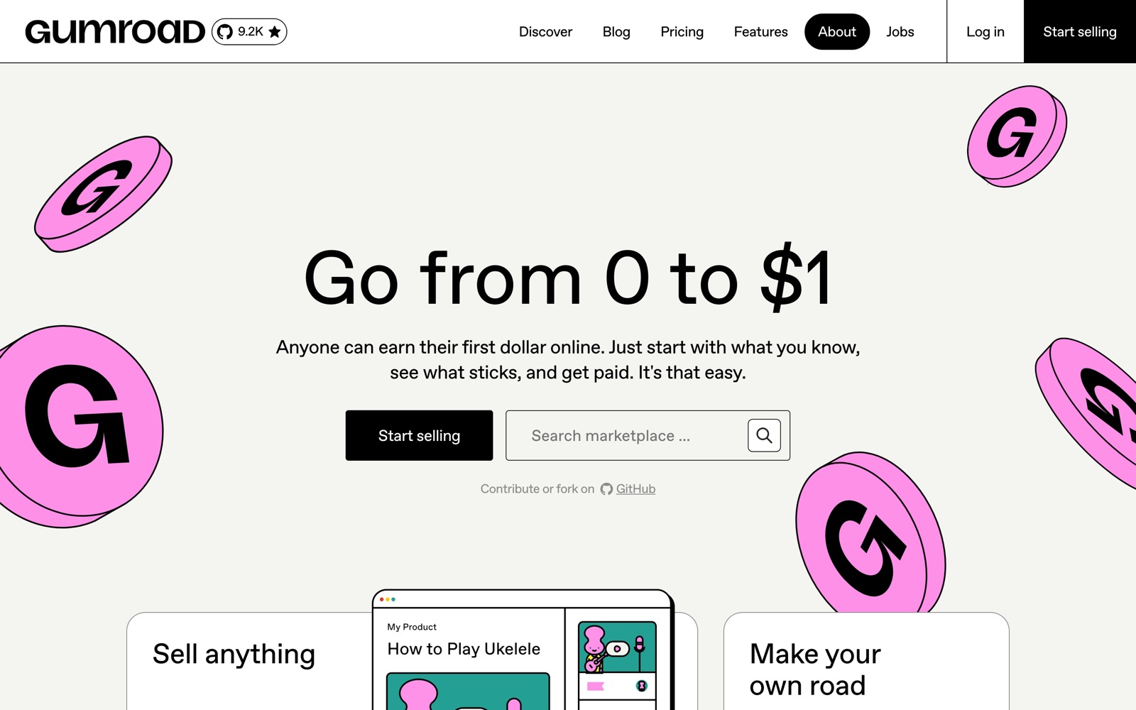 The Gumroad homepage: a large headline reading 'Go from 0 to $1' on a cream ground, a black Start selling button, an outlined search field, and pink coin illustrations with black outlines.