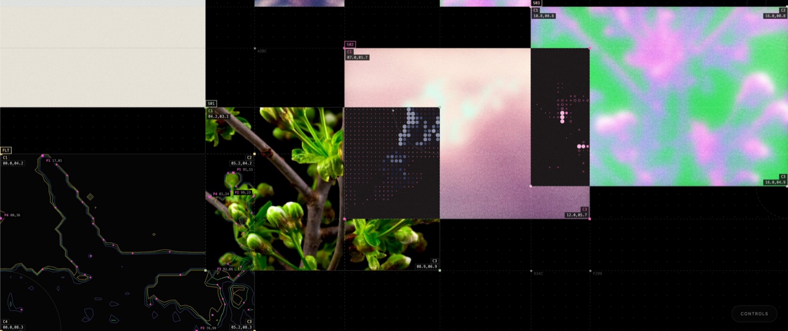 A dark modular collage with flower photographs, pink and green noise, contour lines, dot fields, and coordinate labels.