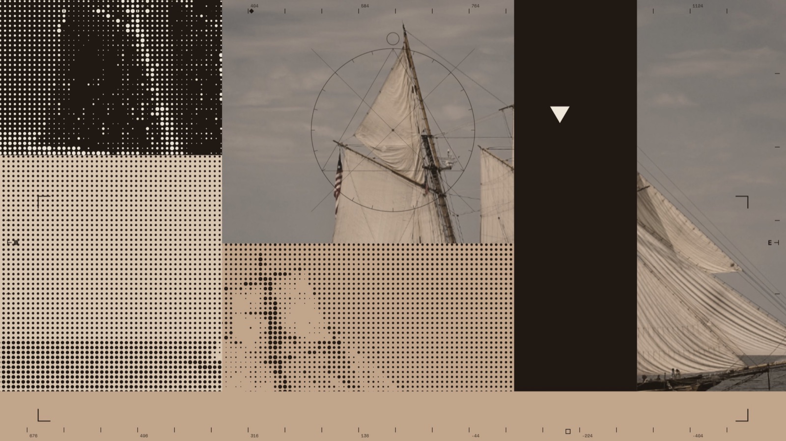 A sepia collage of a sailboat with halftone dots, a circular reticle, ruler ticks, and dark rectangular panels.